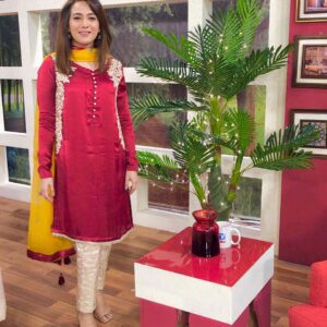 Red handworked Silk and jamawar dress - Image 5