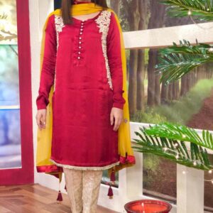 Red handworked Silk and jamawar dress