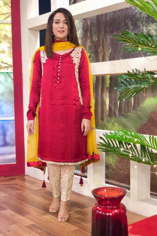 Red handworked Silk and jamawar dress