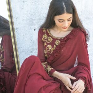 MAROON FRILL SAREE - Image 3