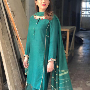 BOTTLE GREEN FLOWER EMBRIODED DRESS