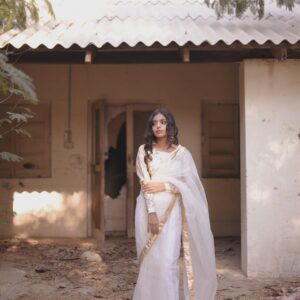 WHITE ORGANZA JAMAWAAR SAREE - Image 6