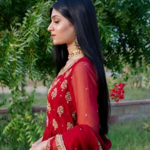 RED CHIFFON HANDWORKED DRESS - Image 2