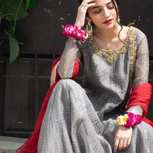 GREY ORGANZA CHECKED DRESS - Image 3