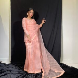 PINK ORGANZA LINED SAREE - Image 2
