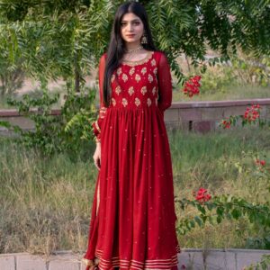 RED CHIFFON HANDWORKED DRESS - Image 5