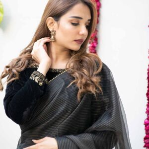 BLACK LINES SAREE WITH VELVET BLOUSE - Image 2