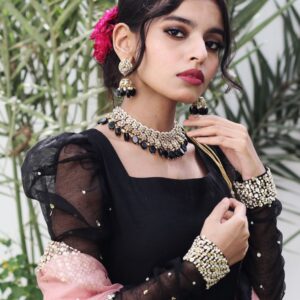 BLACK KHADDI NET PUFF SLEEVES  FROCK - Image 2
