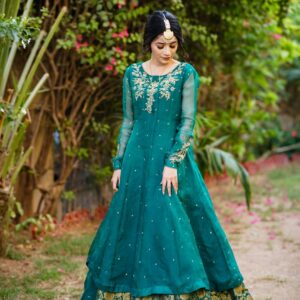 GREEN ORGANZA HANDWORKED DRESS - Image 2