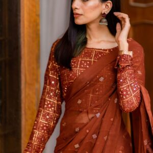 Terracotta Brown Chiken kari saree - Image 2