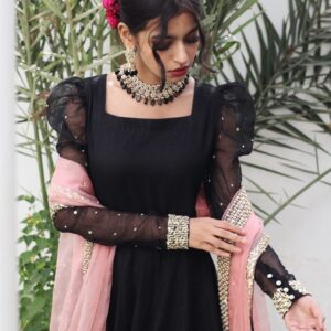 BLACK KHADDI NET PUFF SLEEVES  FROCK - Image 6