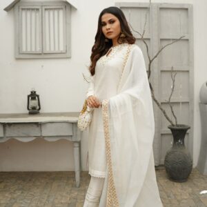 WHITE COTTON NET DHABKA  DRESS - Image 2