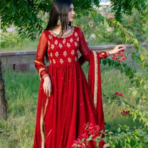 RED CHIFFON HANDWORKED DRESS