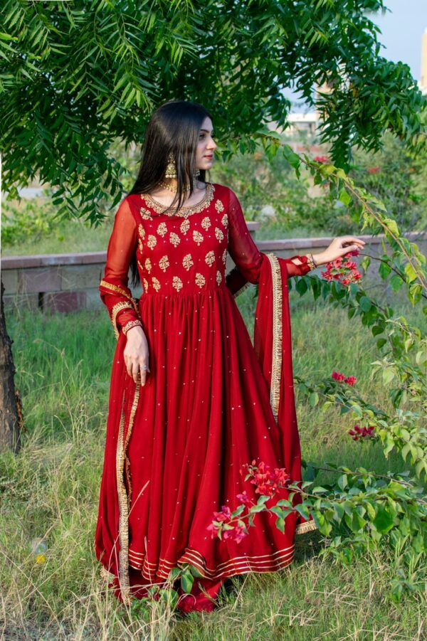 RED CHIFFON HANDWORKED DRESS