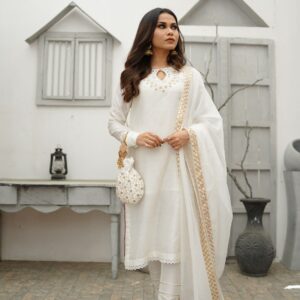WHITE COTTON NET DHABKA  DRESS