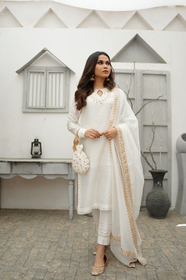 WHITE COTTON NET DHABKA  DRESS