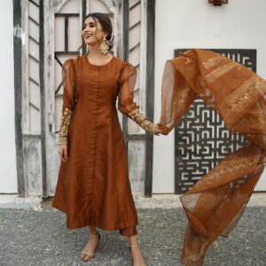 BROWN ORGANZA PUFF SLEEVES DRESS
