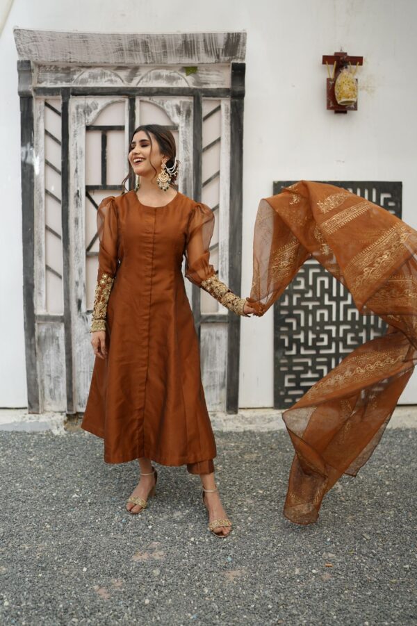 BROWN ORGANZA PUFF SLEEVES DRESS