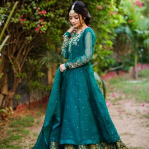 GREEN ORGANZA HANDWORKED DRESS
