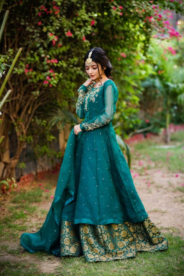 GREEN ORGANZA HANDWORKED DRESS