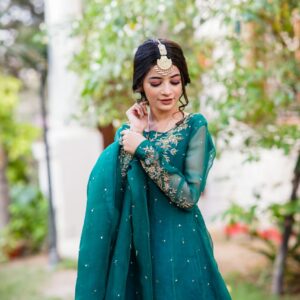 GREEN ORGANZA HANDWORKED DRESS - Image 3