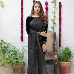 BLACK LINES SAREE WITH VELVET BLOUSE