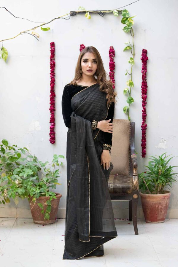 BLACK LINES SAREE WITH VELVET BLOUSE