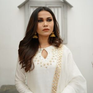 WHITE COTTON NET DHABKA  DRESS - Image 3