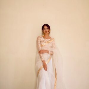 WHITE ORGANZA JAMAWAAR SAREE