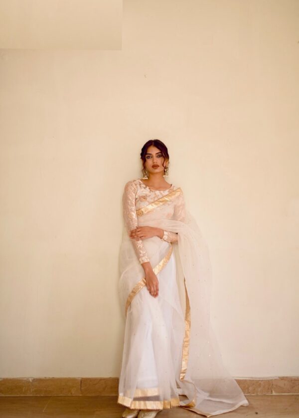WHITE ORGANZA JAMAWAAR SAREE