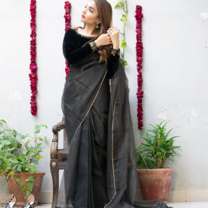BLACK LINES SAREE WITH VELVET BLOUSE - Image 4
