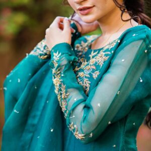 GREEN ORGANZA HANDWORKED DRESS - Image 4