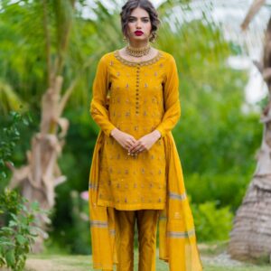 MUSTARD HANDWORKED DRESS