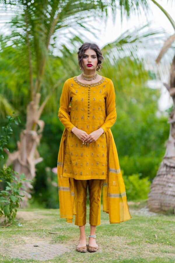 MUSTARD HANDWORKED DRESS