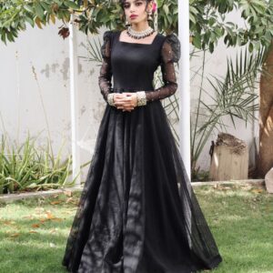 BLACK KHADDI NET PUFF SLEEVES  FROCK