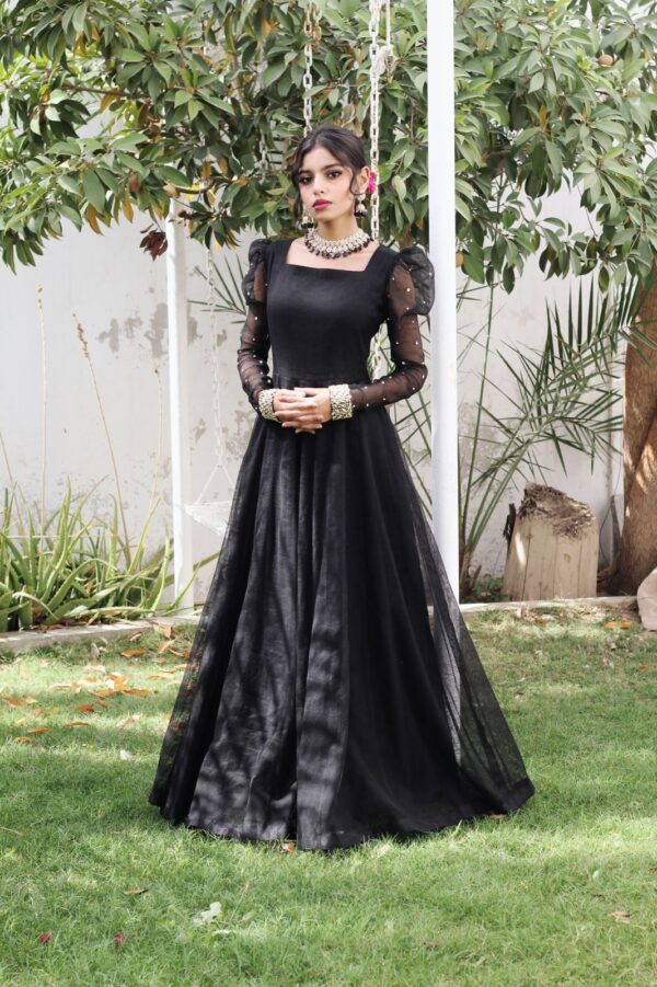 BLACK KHADDI NET PUFF SLEEVES  FROCK