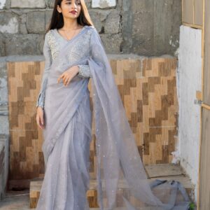 GREY ORGANZA PEARL SAREE