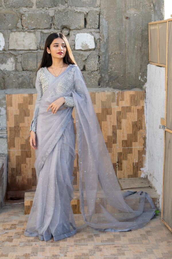 GREY ORGANZA PEARL SAREE