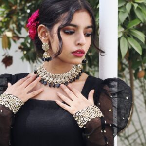 BLACK KHADDI NET PUFF SLEEVES  FROCK - Image 4