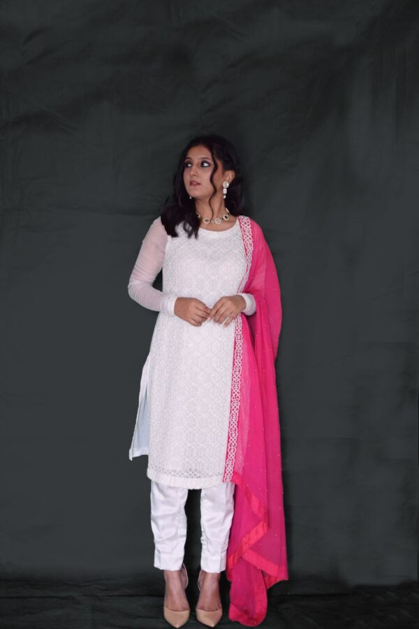 WHITE / PINK PEARL WORK DRESS