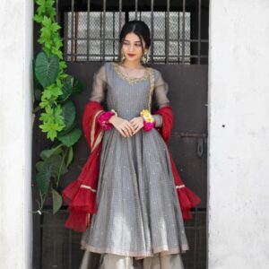 GREY ORGANZA CHECKED DRESS