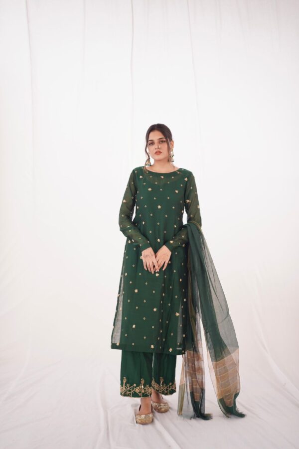 GREEN KHADDI NET LONG SHIRT DRESS